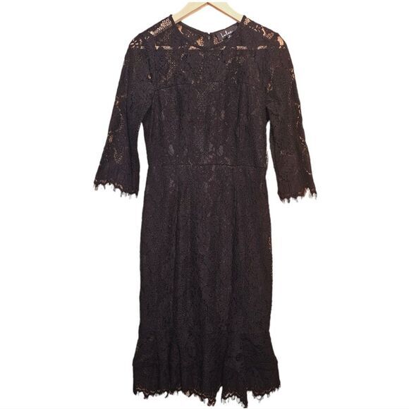 Lulu's -1210 NWT Dance With Me Black Lace Bodycon Midi Dress 3/4 Sleeves S‎ - Picture 2 of 14